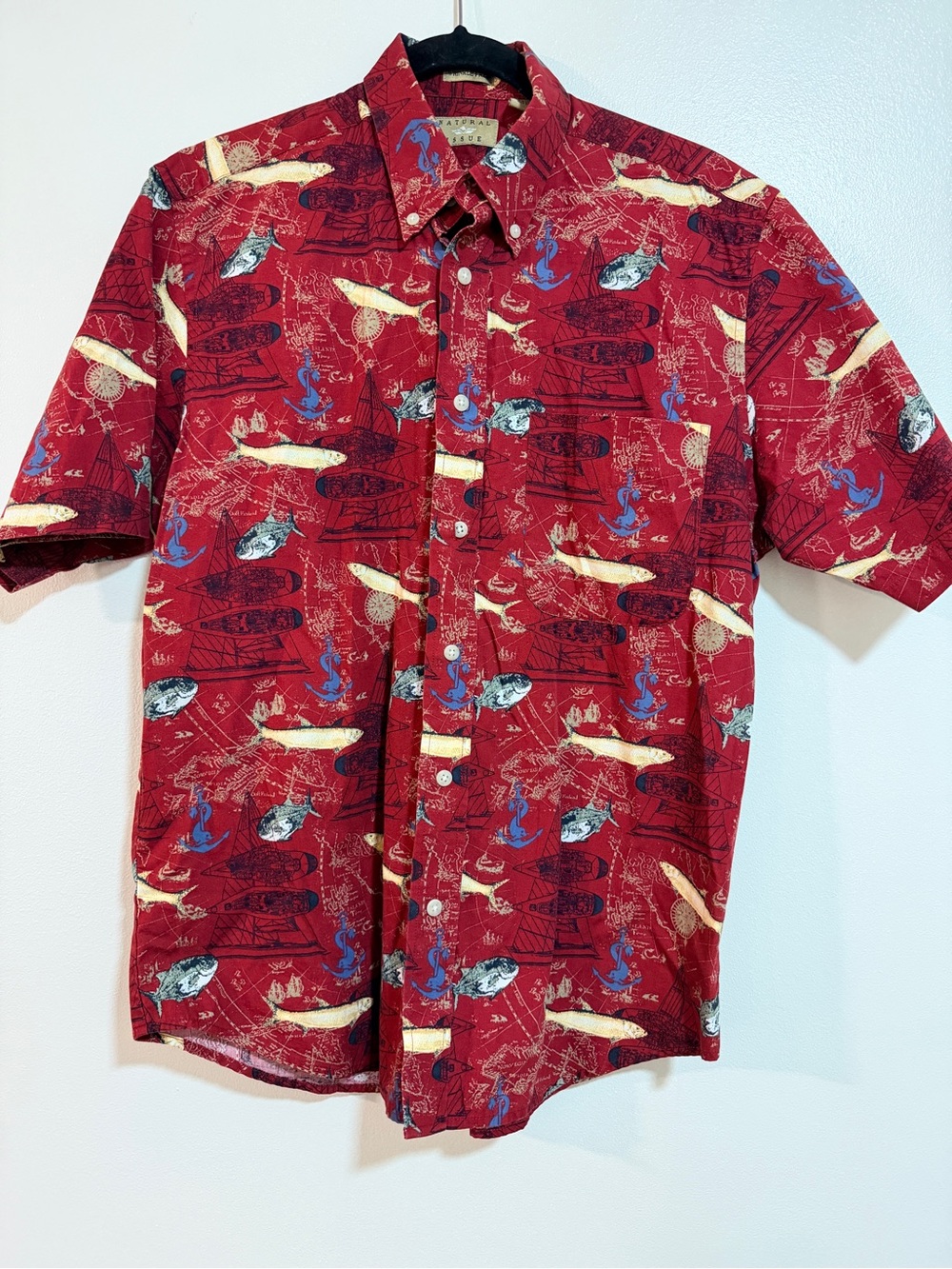 Natural Issue Mens Small Hawaiian Button UP Shirt Red Nautical Fish Boat Preppy